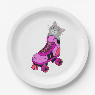 Pink Roller Skate Cat  Paper Plate