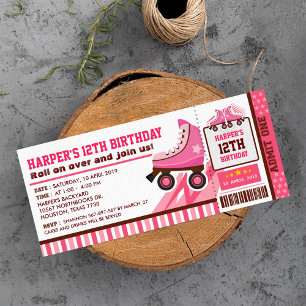 Pink Roller Skate Sport Ticket Pass Birthday Invitation