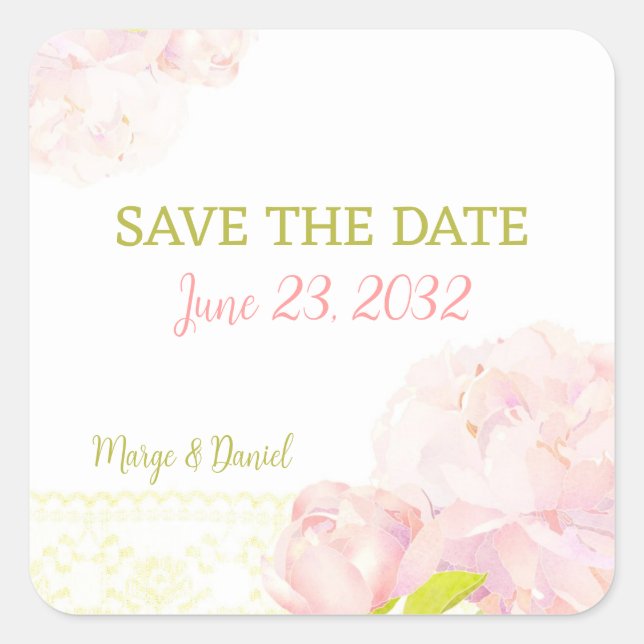 Pink Romance Peony Wedding Save the Date Square Sticker (Front)