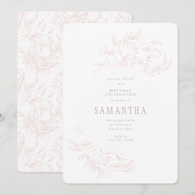 Pink Romantic Drawn Floral Birthday Invitation (Front/Back)