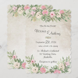 Pink Romantic Floral Vintage Scalloped Wedding Invitation