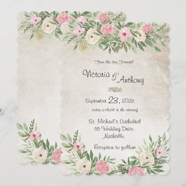 Pink Romantic Floral Vintage Scalloped Wedding Invitation (Front/Back)