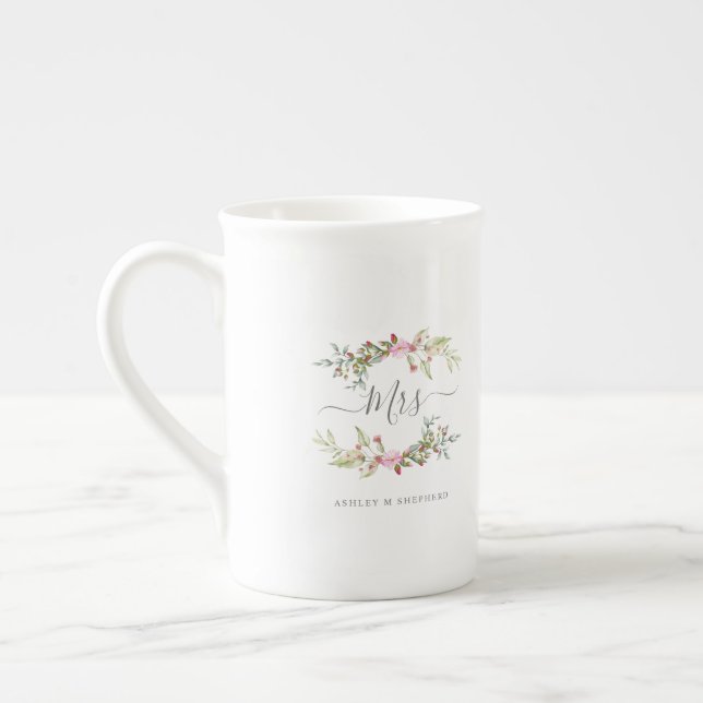 Pink Romantic Floral Wreath  For Mrs or Bride2be Bone China Mug (Left)