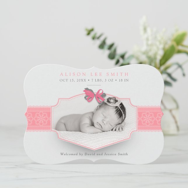 Pink Romantic lace Birth Announcement (Standing Front)