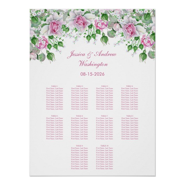 Pink Romantic Roses Wedding Seating Chart (Front)