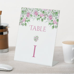 Pink Romantic Roses Wedding Table Number Pedestal Sign