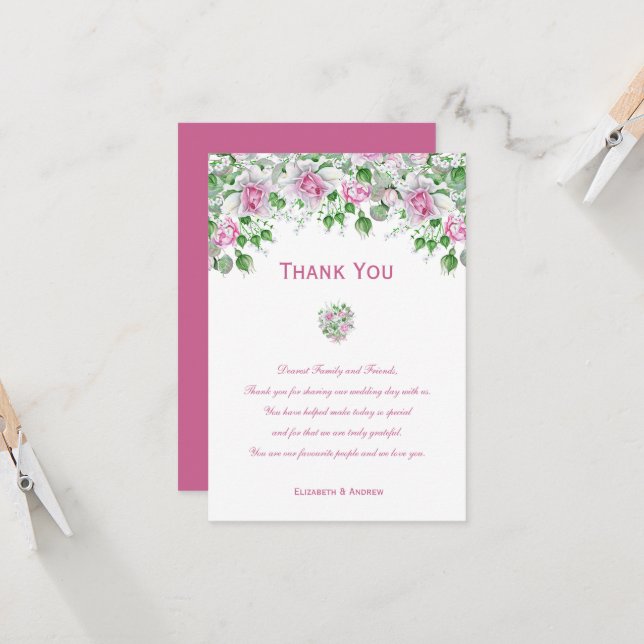 Pink Romantic Roses Wedding Thank You Card (Front/Back In Situ)