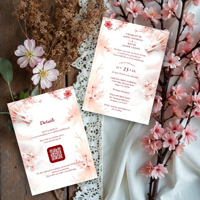 Pink Romantic Sakura & Japanese White Dragon Invitation (Pink Shades Romantic Sakura and Japanese White Dragon Wedding Design Invitation Cards with QR Code.)
