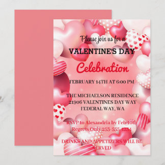 Pink Romantic Valentine's Day Love Party  hearts Invitation