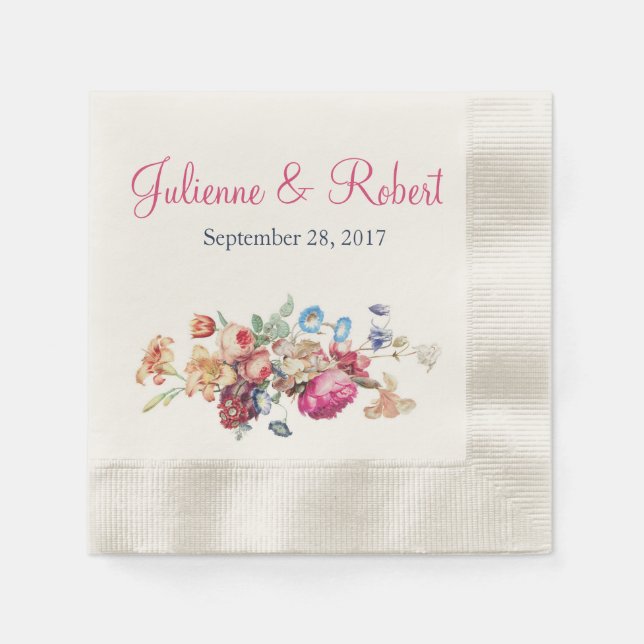 Pink Romantic Vintage Floral Wedding Cocktail Napkin (Front)