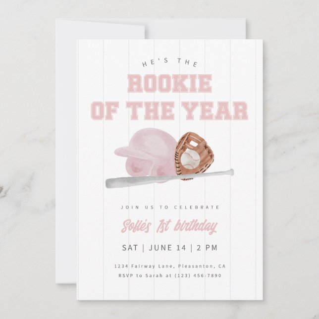 Pink Rookie of the Year Baseball First Birthday Invitation (Front)