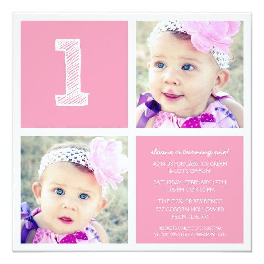 Pink Room for Squares First Birthday Party Photo Card