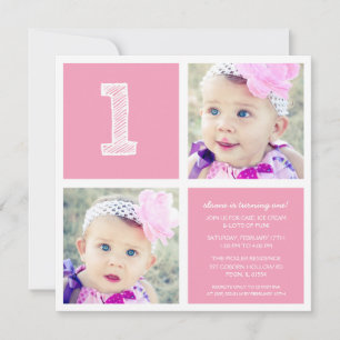 Pink Room for Squares First Birthday Party Photo Invitation