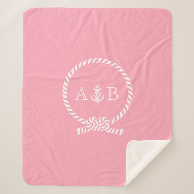 Pink Rope and Anchor Monogrammed Sherpa Blanket (Front)