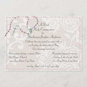 Pink Rosary and Lace Communion Invitation