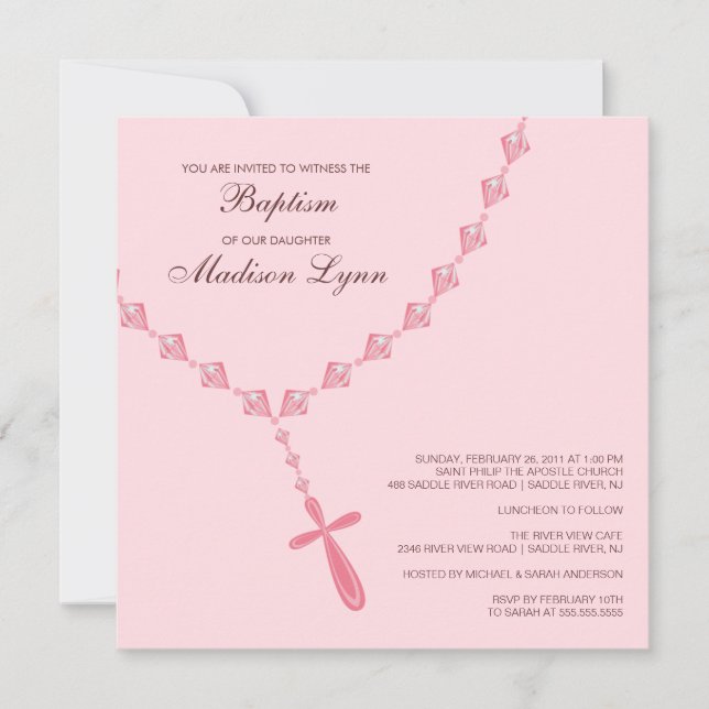 Pink Rosary Bead Baby Girl Baptism Inviation Invitation (Front)