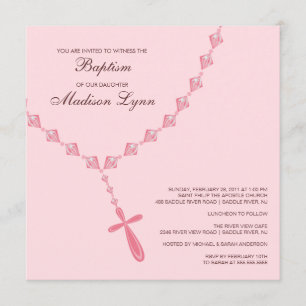 Pink Rosary Bead Baby Girl Baptism Inviation Invitation