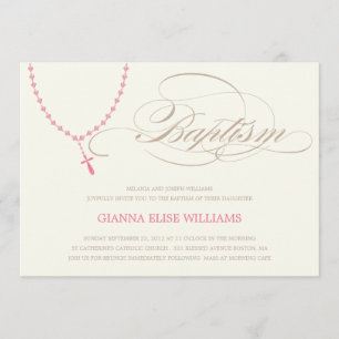 PINK ROSARY BEADS   BAPTISM INVITATION