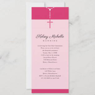 Pink Rosary Beads First Communion Cross Invitation