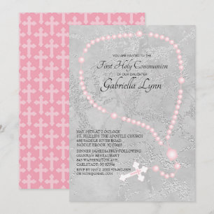 Pink Rosary Beads First Holy Communion Invitation