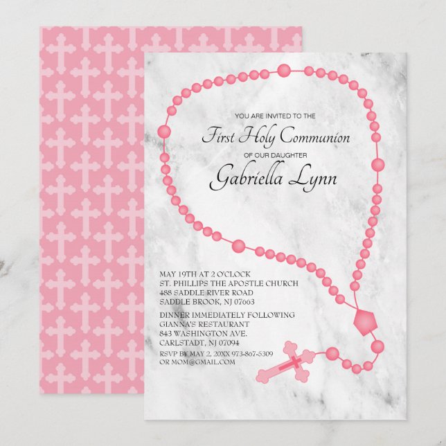 Pink Rosary Beads First Holy Communion Invitation (Front/Back)