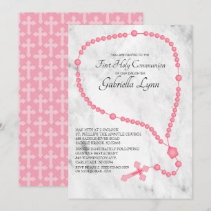Pink Rosary Beads First Holy Communion Invitation