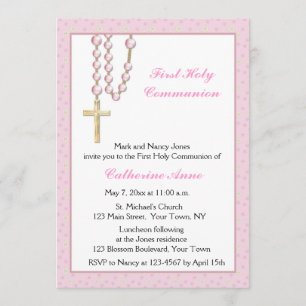 Pink Rosary Beads, Floral, Religious Invitation