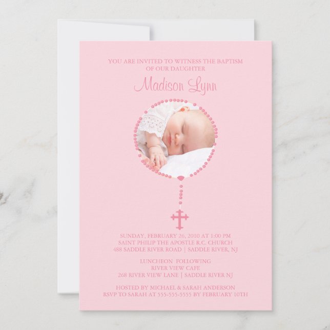 Pink Rosary Cross Photo Baptism Inviation Girl Invitation (Front)
