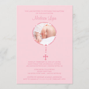 Pink Rosary Cross Photo Baptism Inviation Girl Invitation