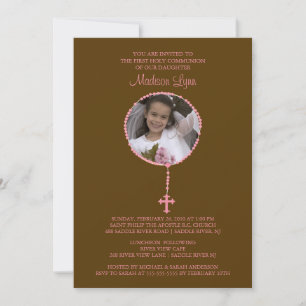 Pink Rosary Photo First Communion Inviation Invitation