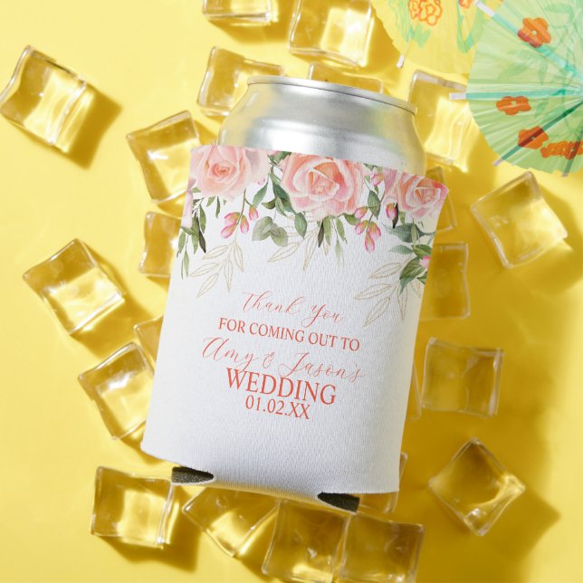 Pink Rosas Floral Botanical Wedding Brown Can Cooler (In Situ Summer)