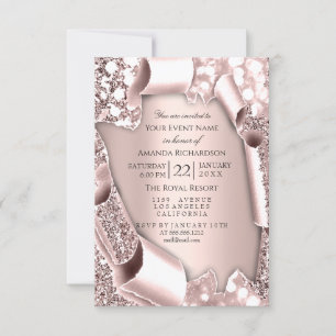 Pink Rose 3D Glitter Effect Frame Initials  Invitation