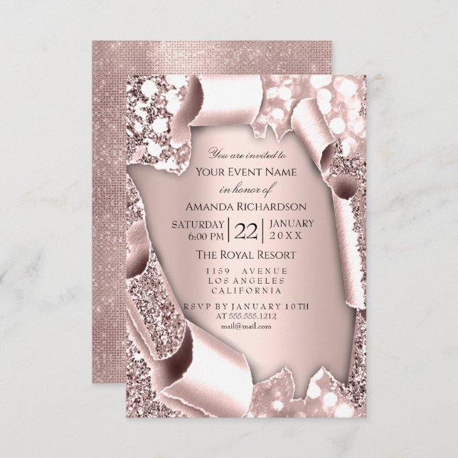 Pink Rose 3D Glitter Effect Frame Wedding  Invitation (Front/Back)