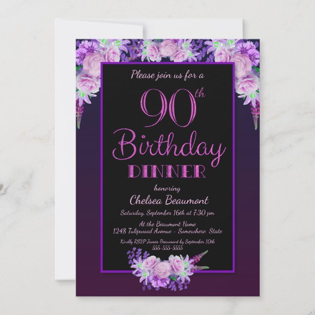 Pink Rose 90th Birthday Dinner Party Invitation (Front)