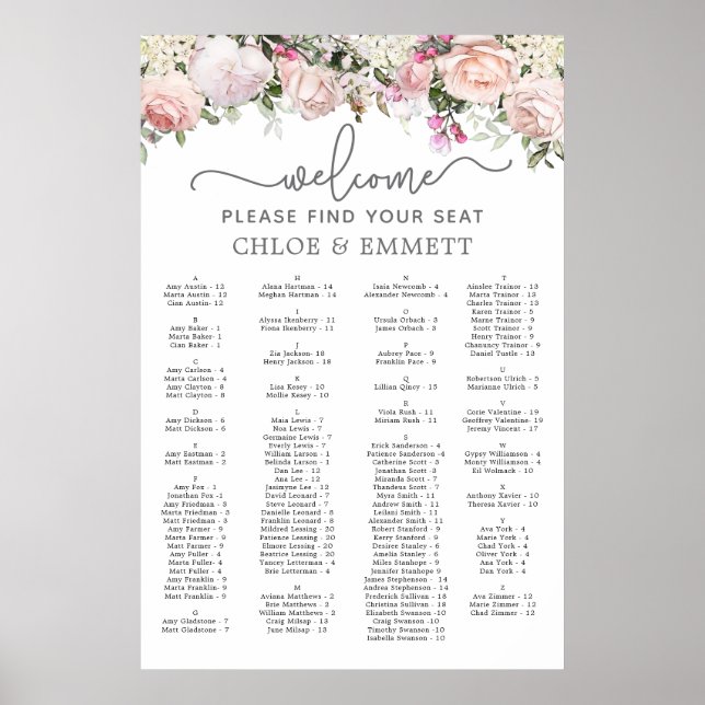 Pink Rose Alphabetical Wedding Seating Chart (Front)