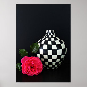 Pink Rose and a Chequered Vase Poster