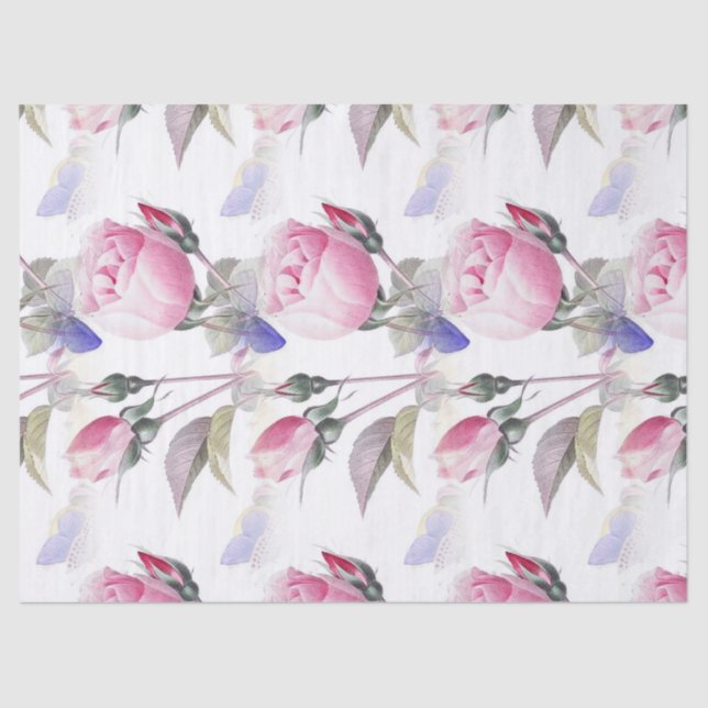 Pink Rose and Blue Butterflies Floral Tissue Paper (Front)