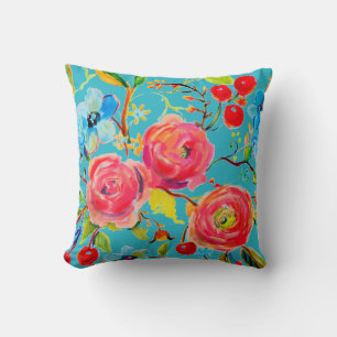 Pink Rose and Cherry Turquoise Customisable Cushion