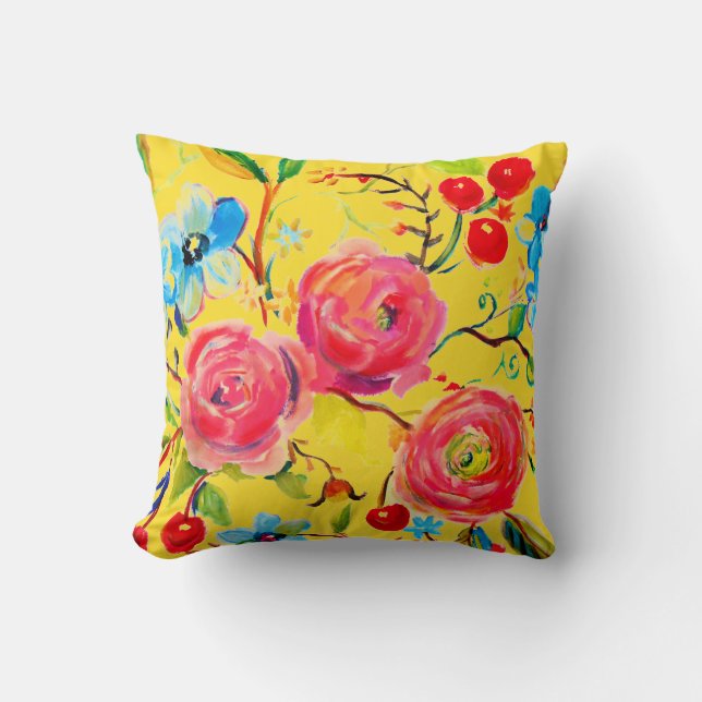 Pink Rose and Cherry Yellow Customisable Cushion (Front)