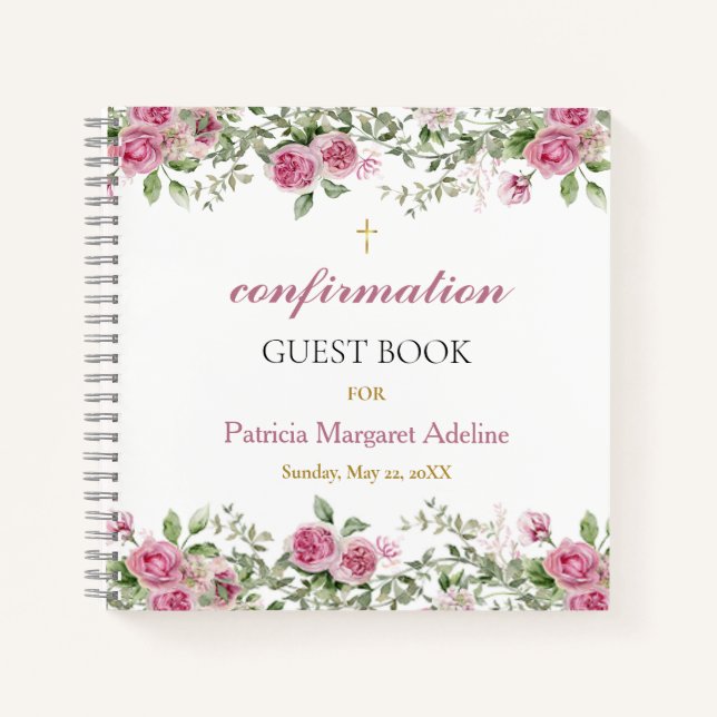 Pink Rose and Gold Floral Confirmation Guest Book (Front)