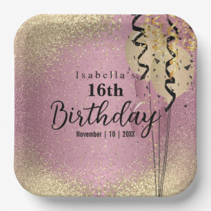 Pink Rose and Gold Glitter Birthday Paper Plate