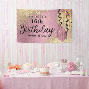 Pink Rose and Gold Glitter Birthday Party Banner
