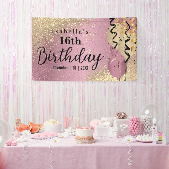 Pink Rose and Gold Glitter Birthday Party Banner (Party)