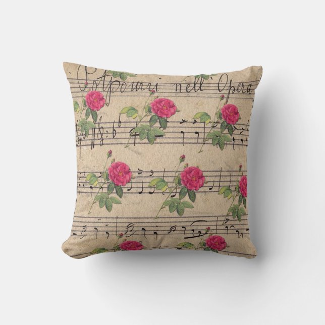 Pink Rose and Green Bicycle Music Sheet Throw Pill Cushion (Front)