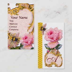 PINK ROSE AND HONEY BEE BEEKEEPER MONOGRAM BUSINESS CARD