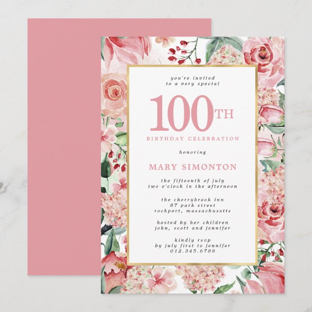 Pink Rose and Hydrangea Floral 100th Birthday Invitation (Front/Back)