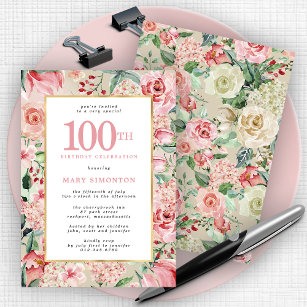 Pink Rose and Hydrangea Floral 100th Birthday Invitation