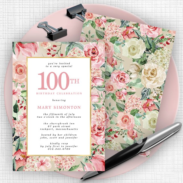 Pink Rose and Hydrangea Floral 100th Birthday Invitation (Creator Uploaded)