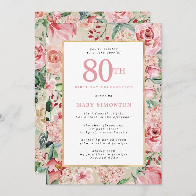 Pink Rose and Hydrangea Floral 80th Birthday Invitation (Front/Back)