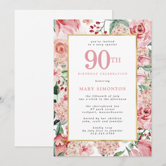 Pink Rose and Hydrangea Floral 90th Birthday Invitation (Front/Back)